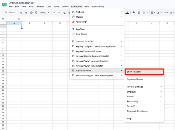 The Pay Cat Toolbox Read Me inside Google Sheets