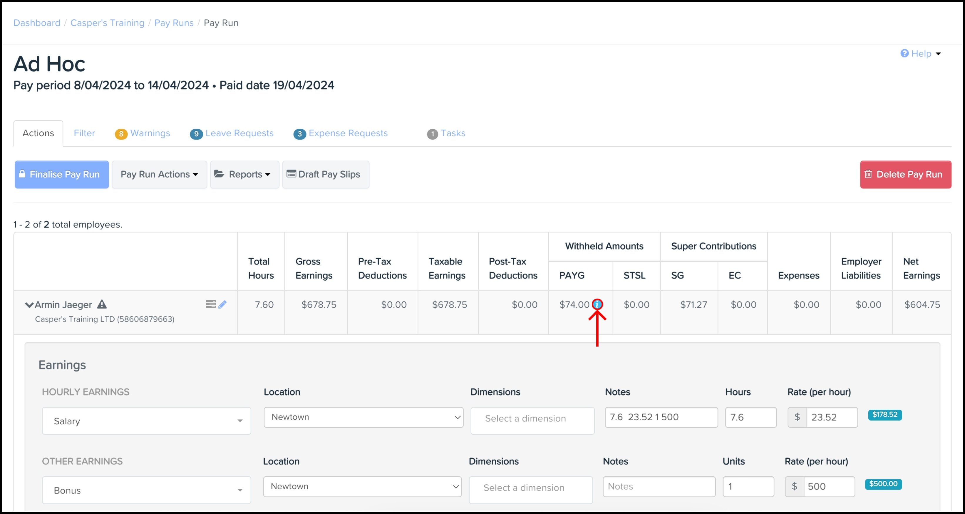 screenshot of the ad hoc pay run, highlighting the blue tool tip for PAYG