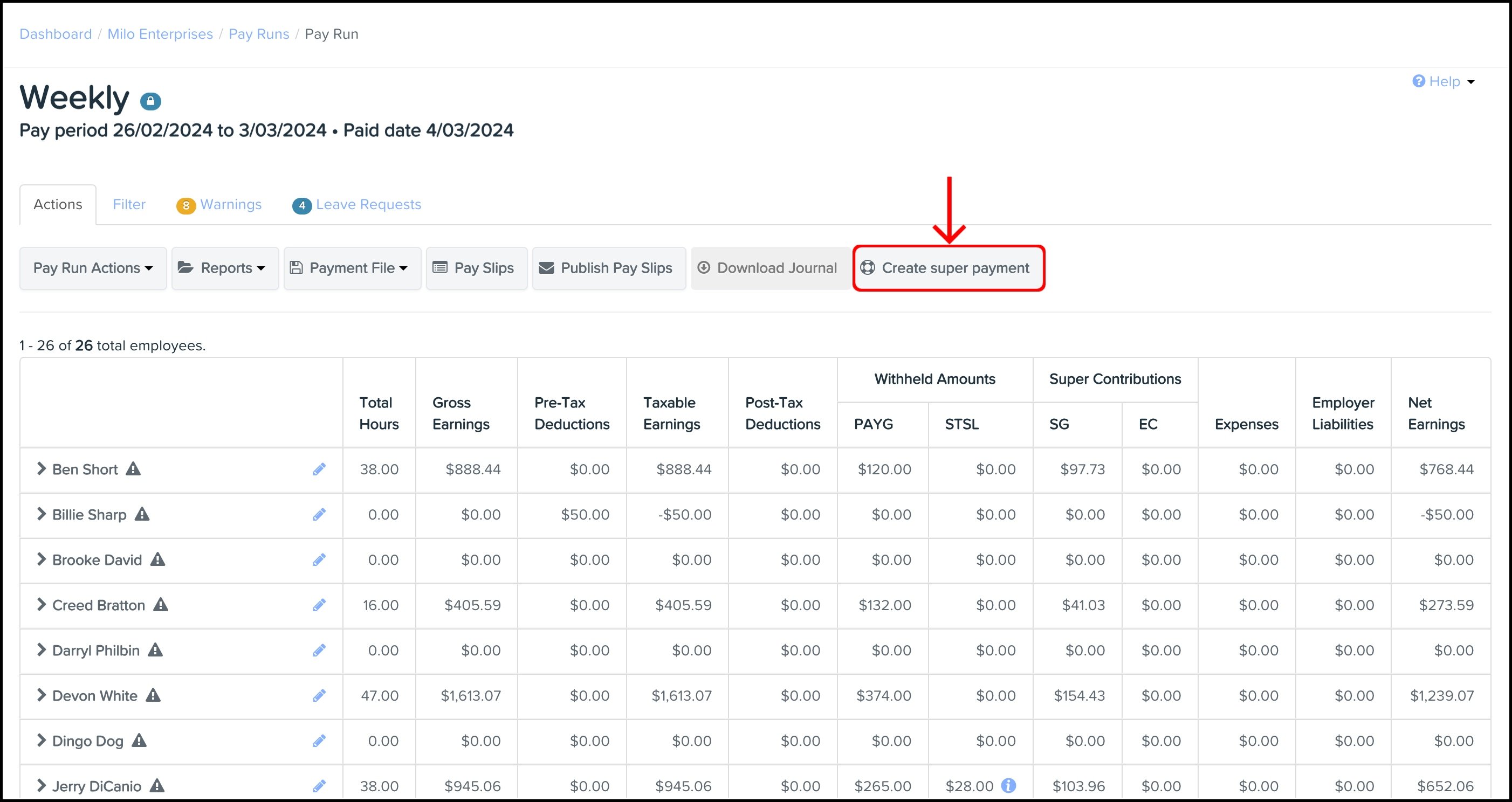 screenshot of the pay run, highlighting the create super payment button