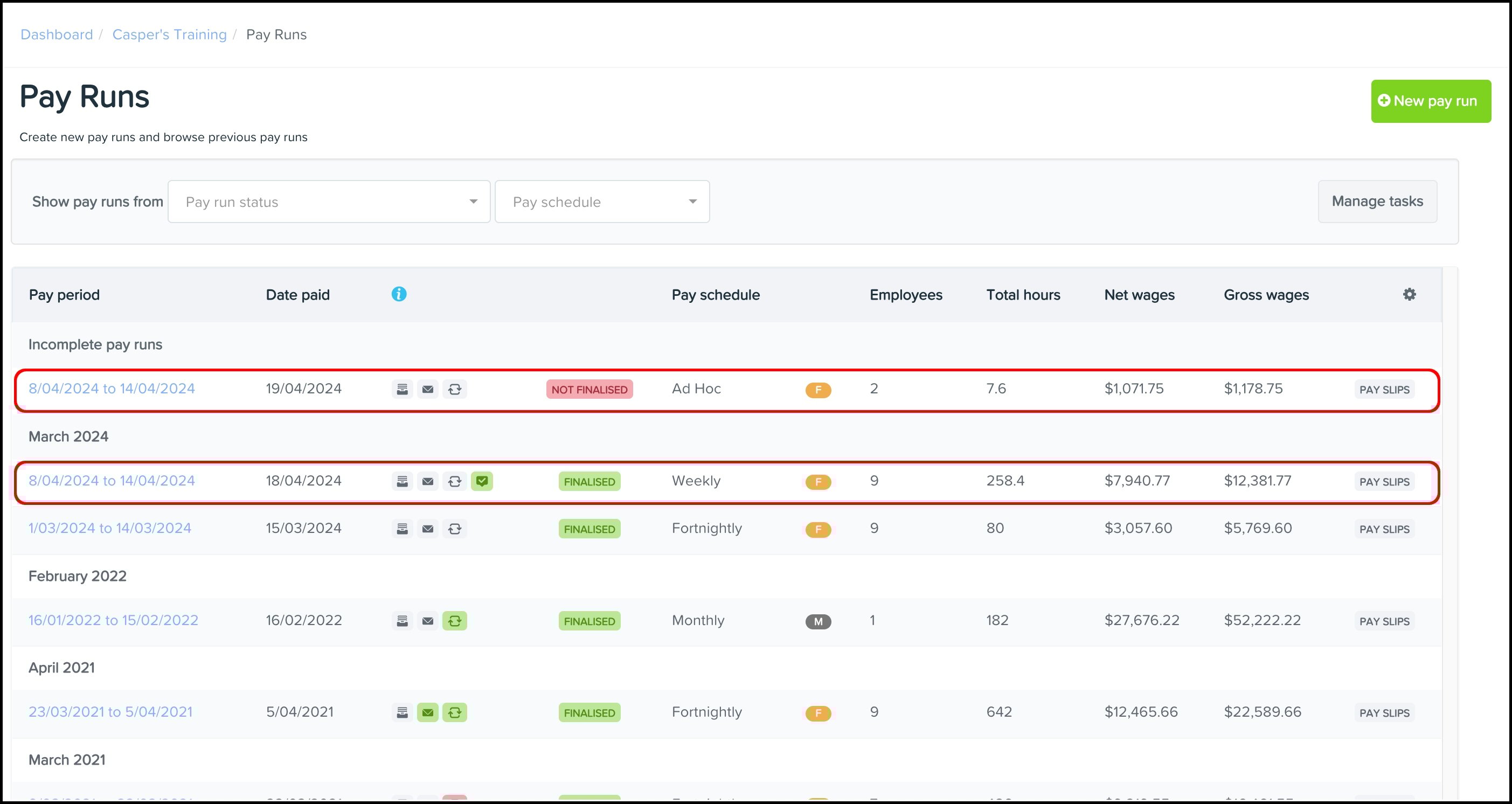 screenshot of the pay runs page, highlighting the two pay runs with the same period start and end da