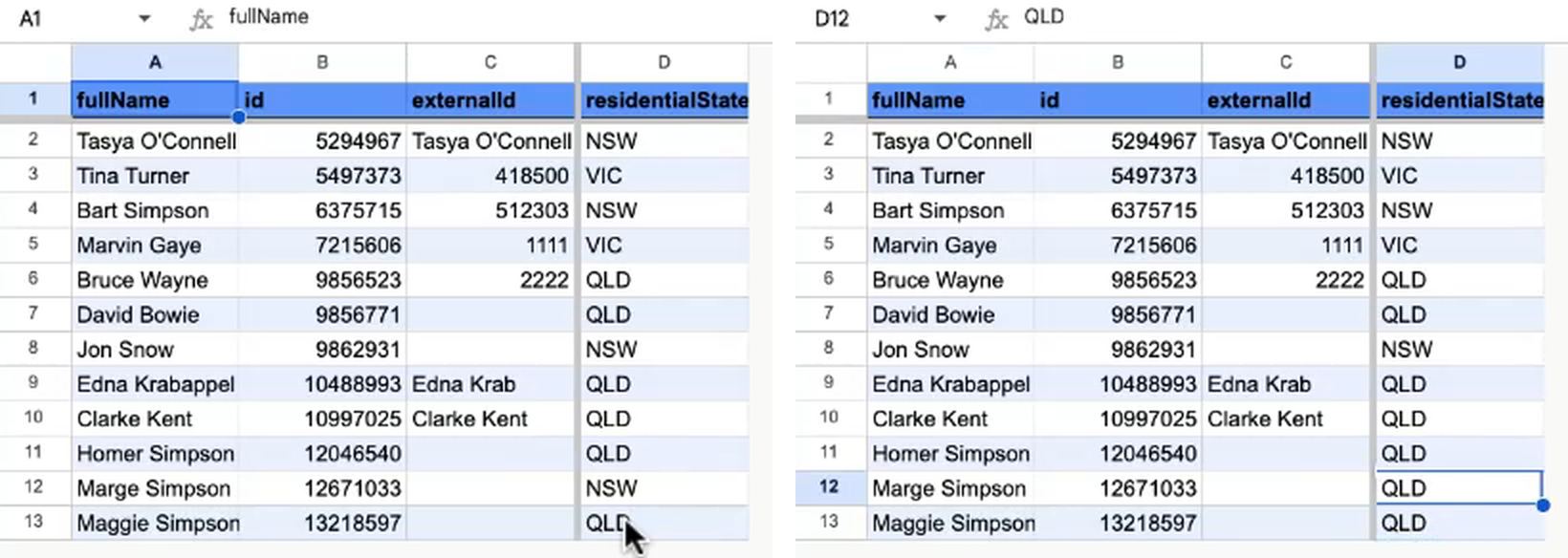 Two views of the Data tab side by side. On the left Marge Simpson's residentialState reads NSW. On the right the same cell reads QLD
