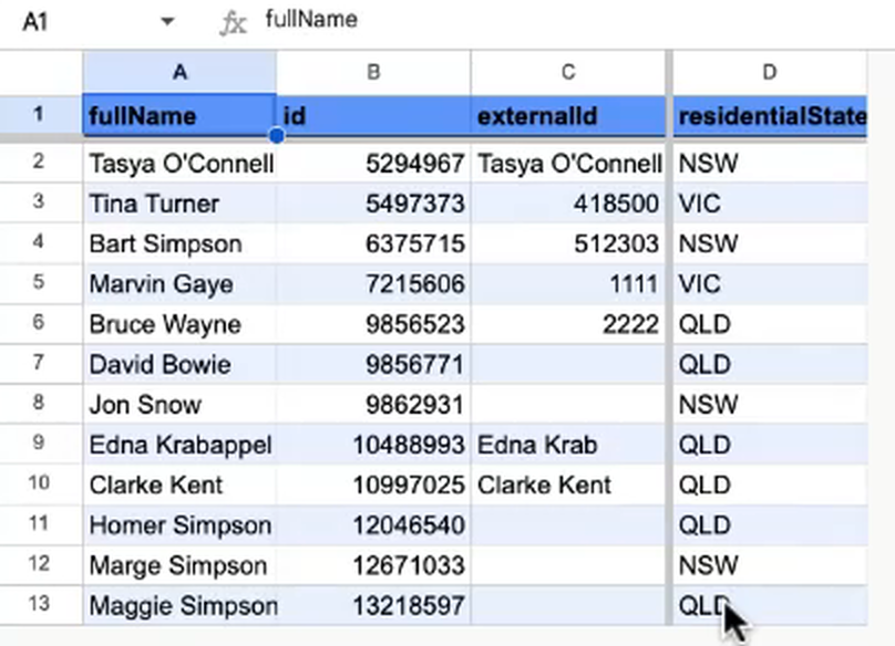 The Employee Updater: Data tab with fullName, id, externalId and residentialState columns for 12 employees