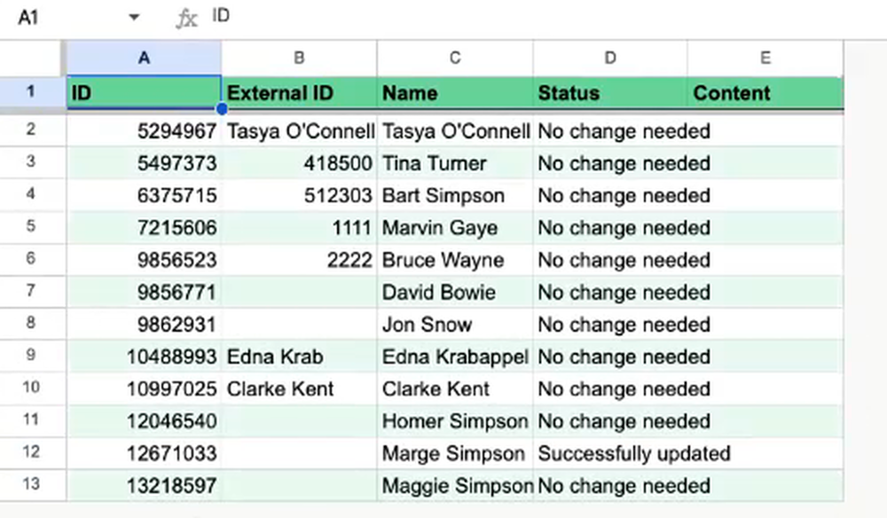 The Employee Updater: Log tab with ID, External ID, Name, Status and Content columns. Marge Simpson shows Successfully updated and every other employee shows No change needed