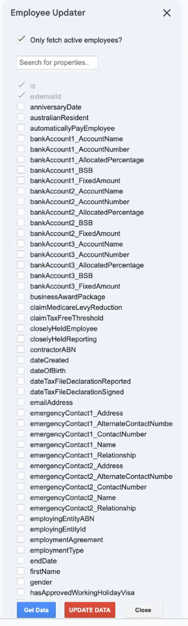 The Employee Updater sidebar with Only fetch active employees ticked, a search box, a list of employee fields with tick boxes, and the Get Data, UPDATE DATA and Close buttons