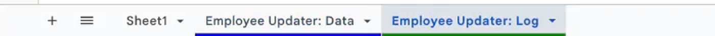 The Google Sheets tab bar with Sheet1, Employee Updater: Data and Employee Updater: Log tabs