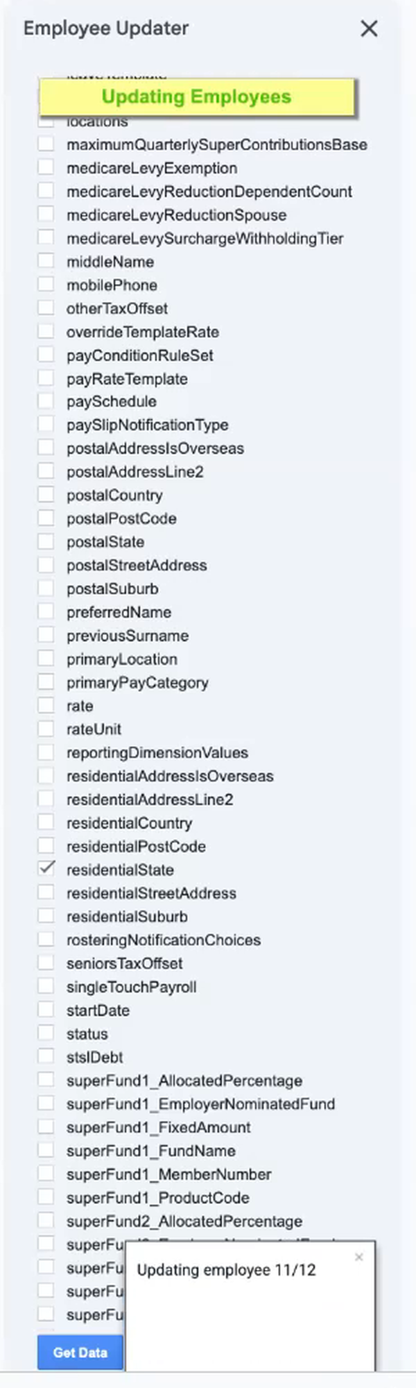 The Employee Updater sidebar with an Updating Employees message and an Updating employee 11 of 12 pop-up