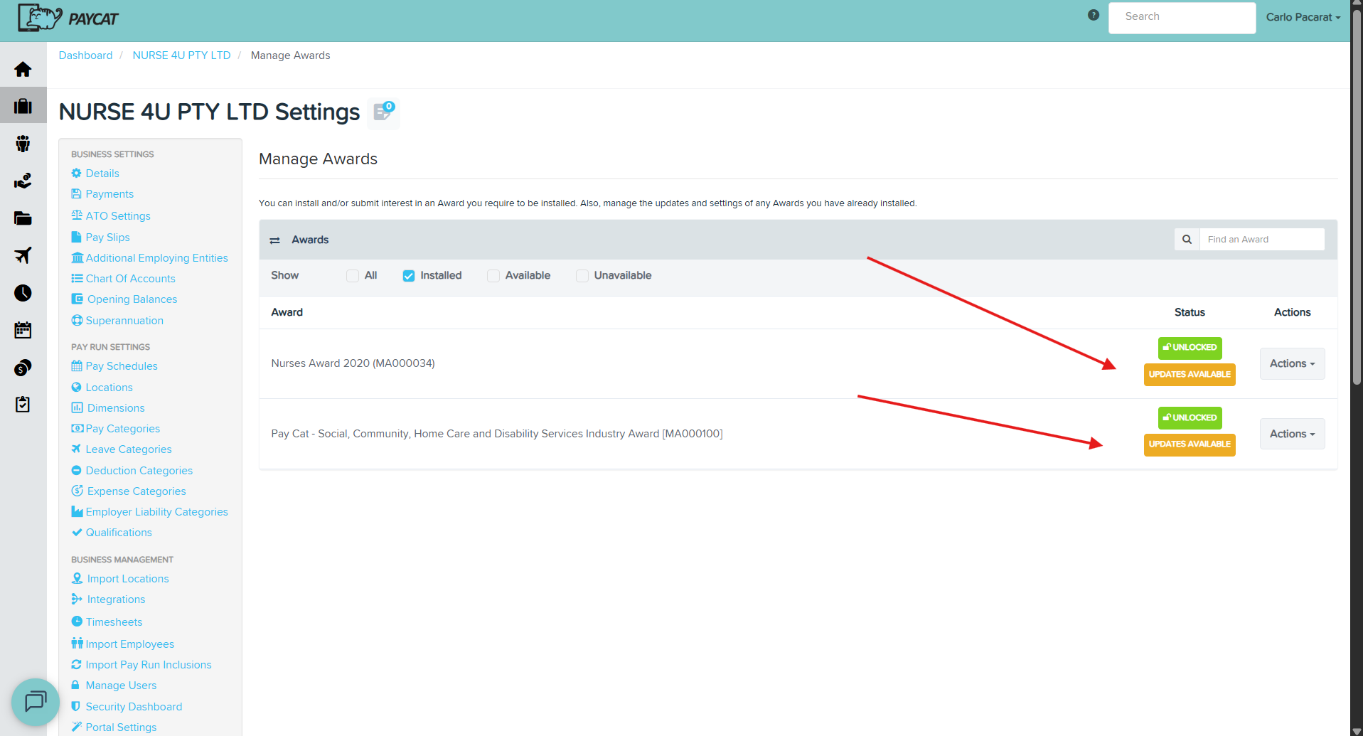 How to check for updates to an award in Pay Cat