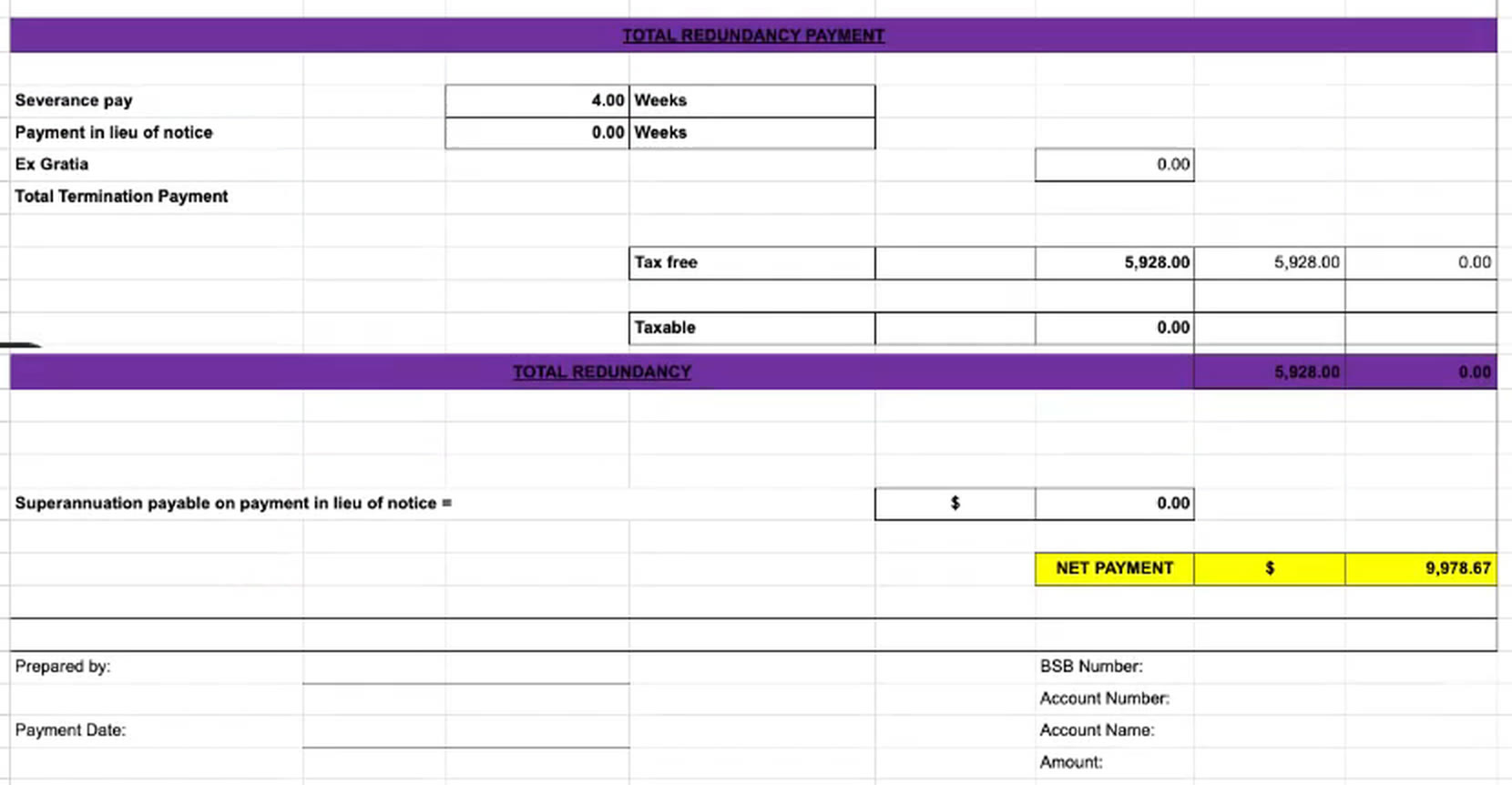 The total redundancy payment section of the Redundancy: HR Worksheet tab, with severance pay, tax free and taxable amounts and a net payment