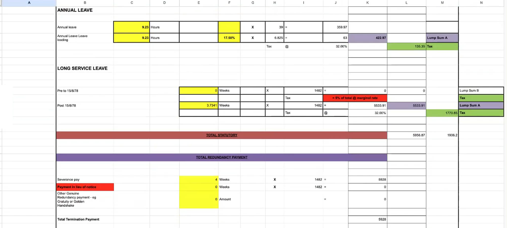 The long service leave, total statutory and severance pay sections of the Redundancy: Payroll Worksheet tab