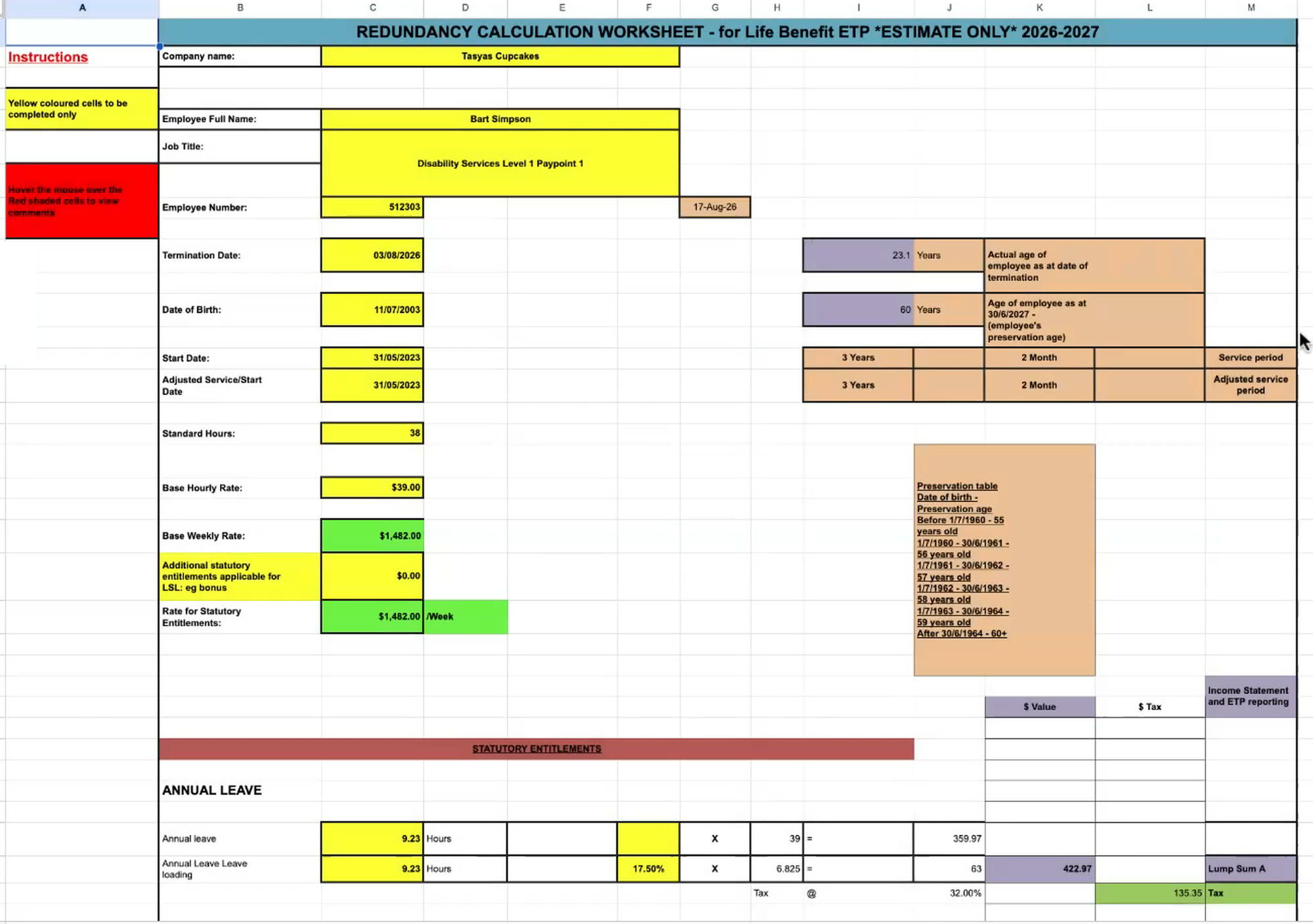 The top of the Redundancy: Payroll Worksheet tab in Google Sheets, with the employee details, age and service period, and the annual leave rows
