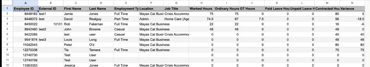 The Salaried Hours report in Google Sheets, with one row per employee and columns for worked hours, leave, contracted hours and variance