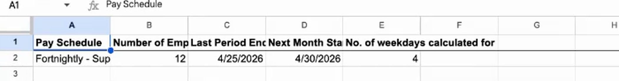 The Wage Accrual: Pay Schedule Details tab with the pay schedule, number of employees, last period end and weekdays calculated for