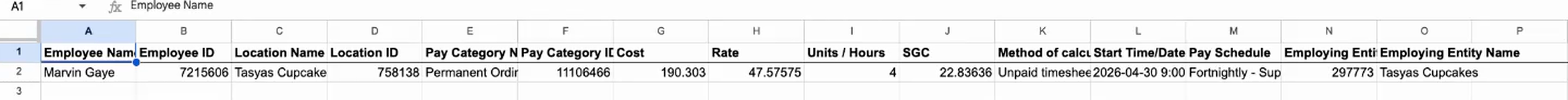 The Wage Accrual: Raw Report tab with employee, location, pay category, cost, rate, units and hours, SGC, method of calculation, start time, pay schedule and employing entity columns