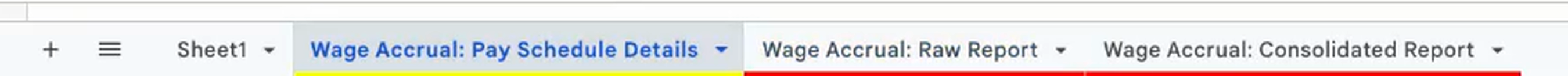 The Google Sheets tab bar with the Wage Accrual: Pay Schedule Details, Wage Accrual: Raw Report and Wage Accrual: Consolidated Report tabs