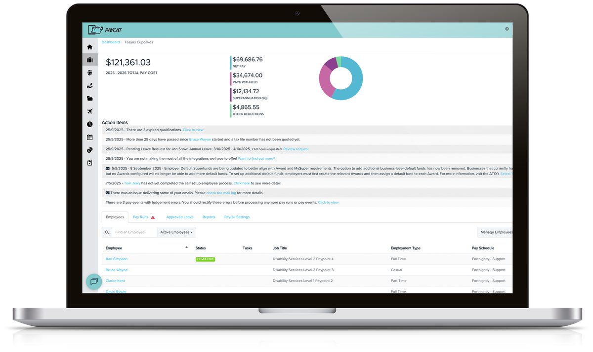 Pay Cat Payroll dashboard on a laptop